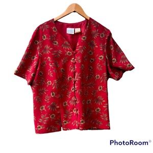 Vintage Grannycore Shirt Red Floral Button Up Halmode Plus 16W